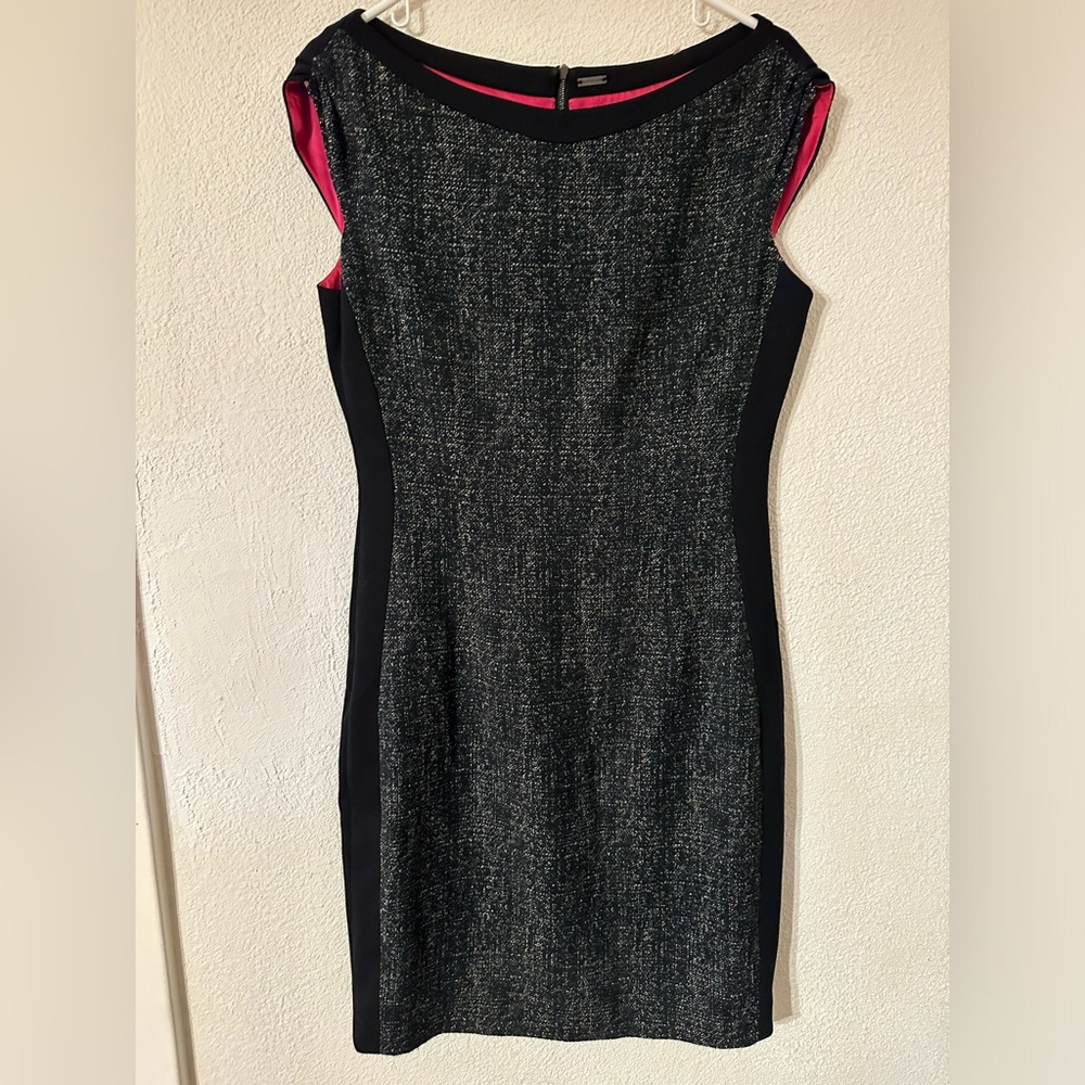 Elie Tahari Dress Black Tweed Colorblock Sleeveless Boat Neck Lined Sheath Size8